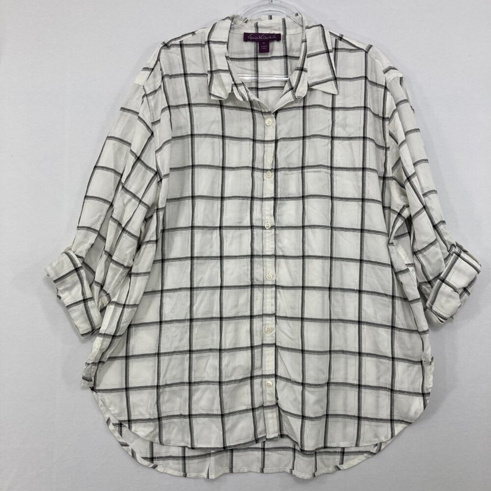 Gloria Vanderbilt size XL Plaid White Gray Rolled Tab Relaxed Soft Button Down